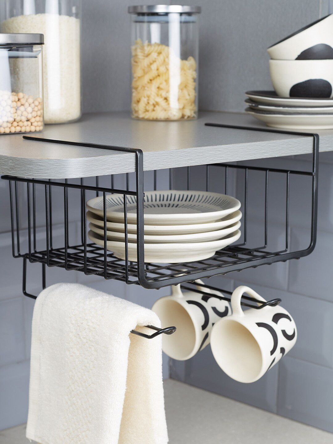 

HomeTown Lattice Black Metal Multipupose Under Shelf Organizer Basket