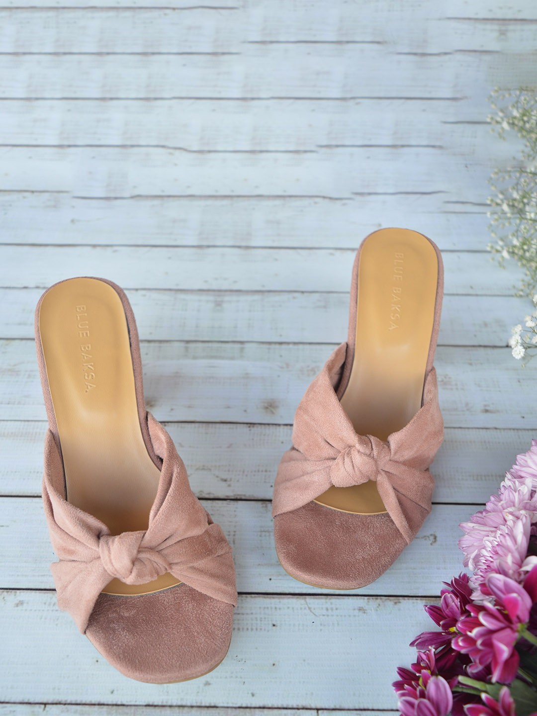 

BLUE BAKSA PU Block Sandals with Bows, Peach