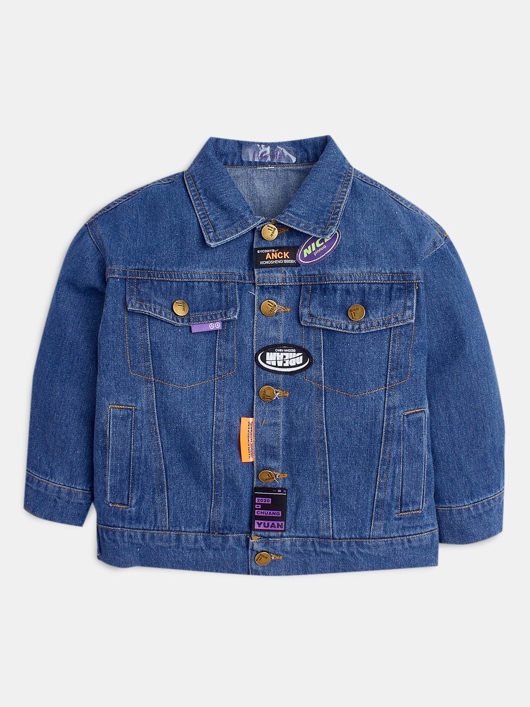 

Hopscotch Boys Blue Washed Crop Denim Jacket with Patchwork