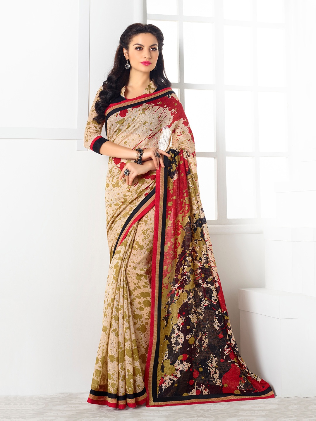 

SAPTRANGI Printed Pure Linen Bhagalpuri Saree, Cream