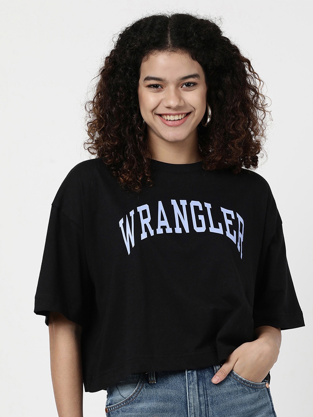 

Wrangler Women Typography Printed Drop-Shoulder Sleeves Boxy Cotton T-shirt, Black