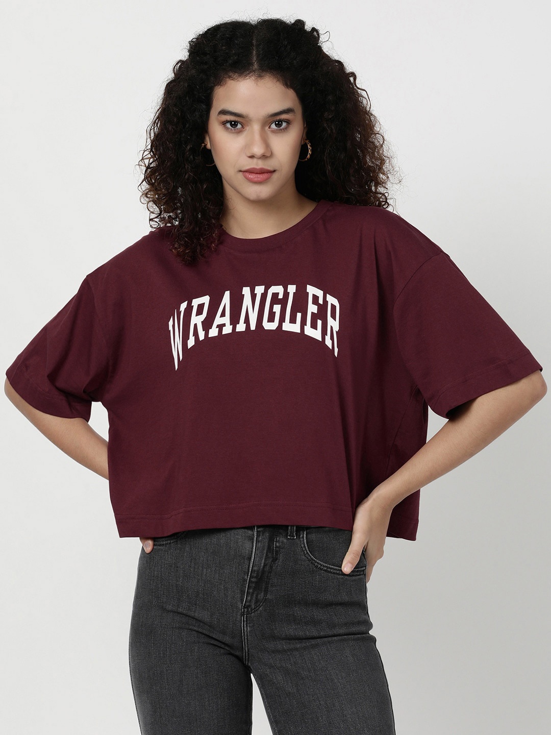 Wrangler Women Typography Printed Drop-Shoulder Sleeves Boxy T-shirt, Burgundy