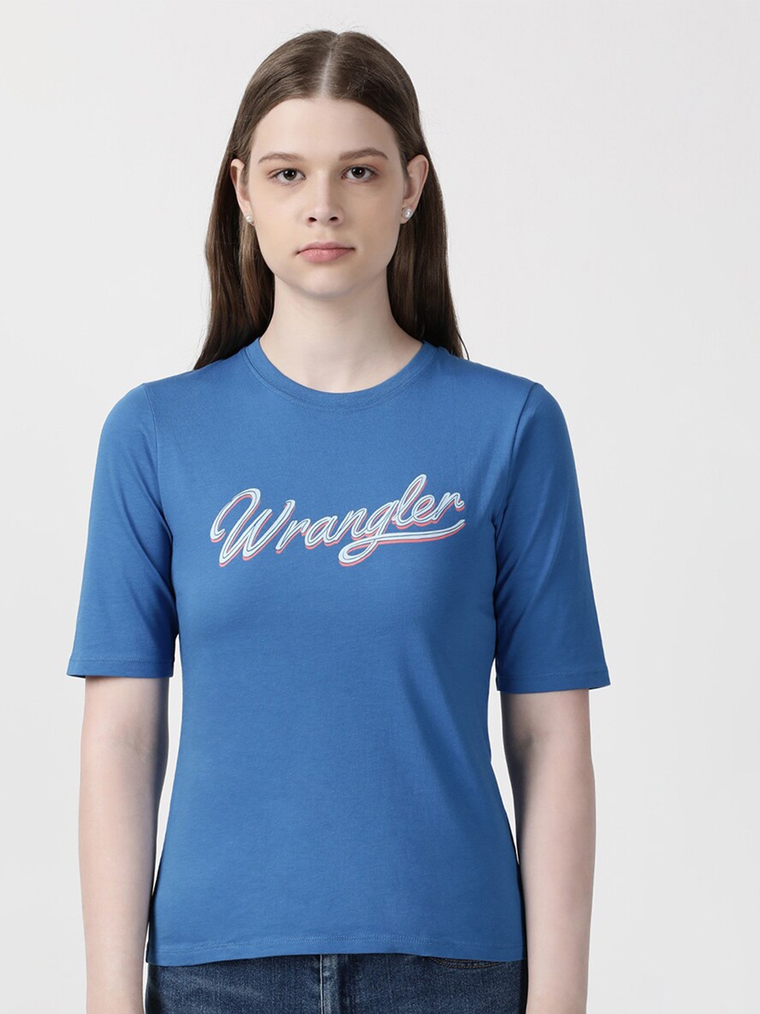 Wrangler Women Typography Printed Cotton T-shirt, Blue