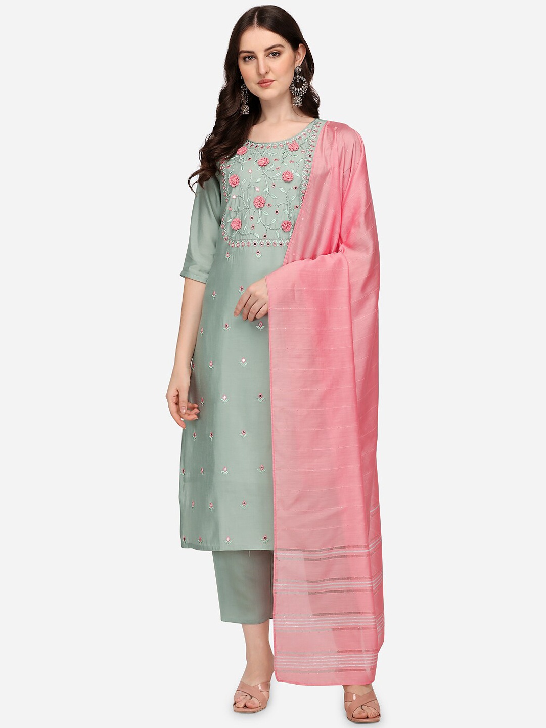 

Berrylicious Floral Embroidered Kurta with Trousers & Dupatta, Green