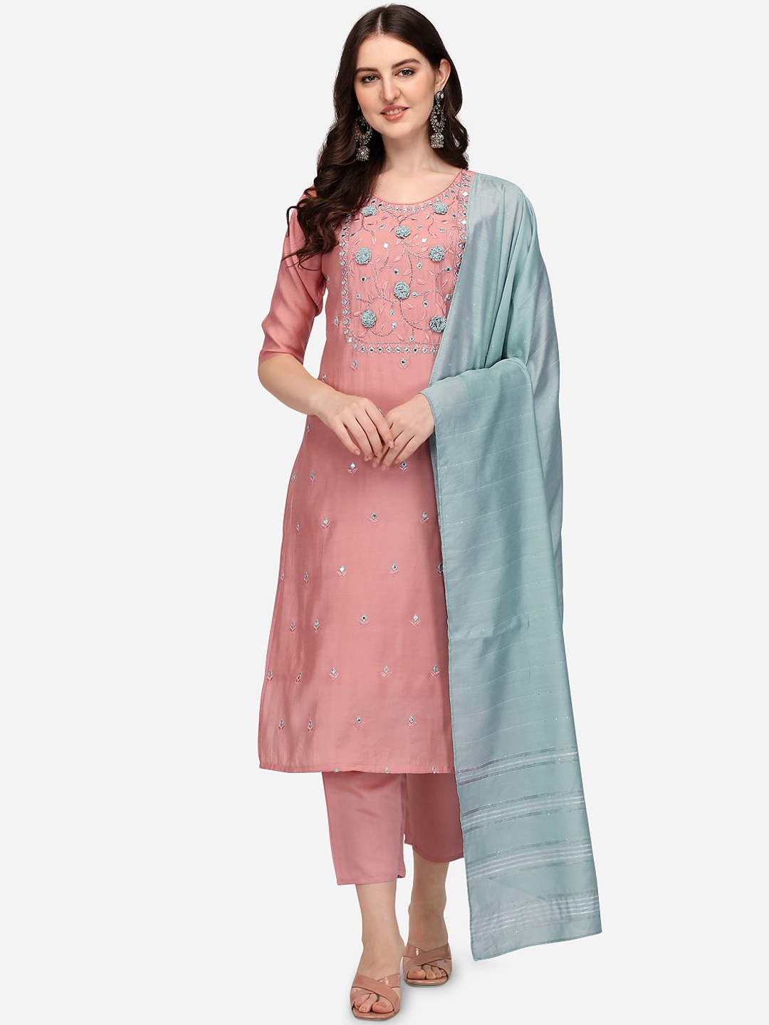 

Berrylicious Floral Embroidered Kurta with Trousers & Dupatta, Pink