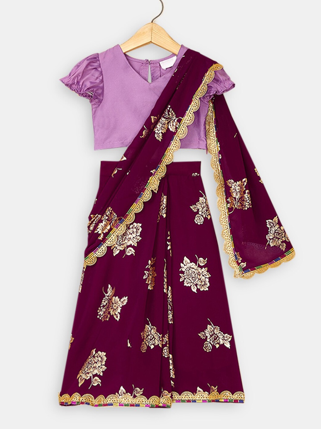 

Hopscotch Girls Floral Printed Ready to Wear Saree, Maroon