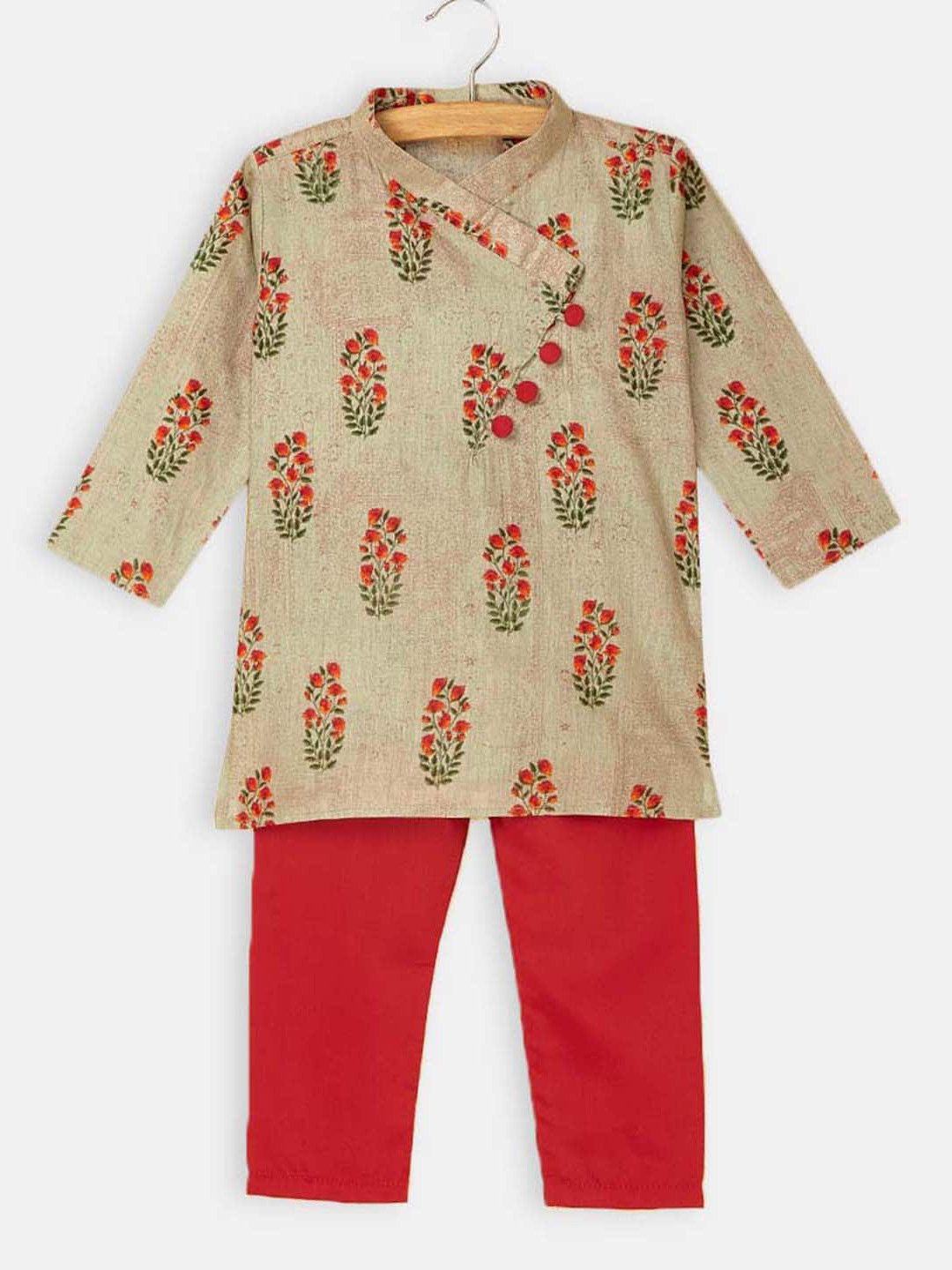 

Hopscotch Boys Ethnic Motifs Printed Angrakha Pure Cotton Kurta with Pyjamas, Brown