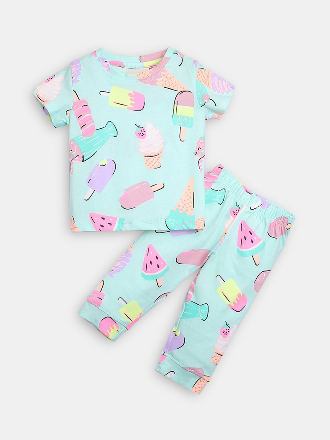 

Hopscotch Girls Printed Cotton Night Suit, Blue
