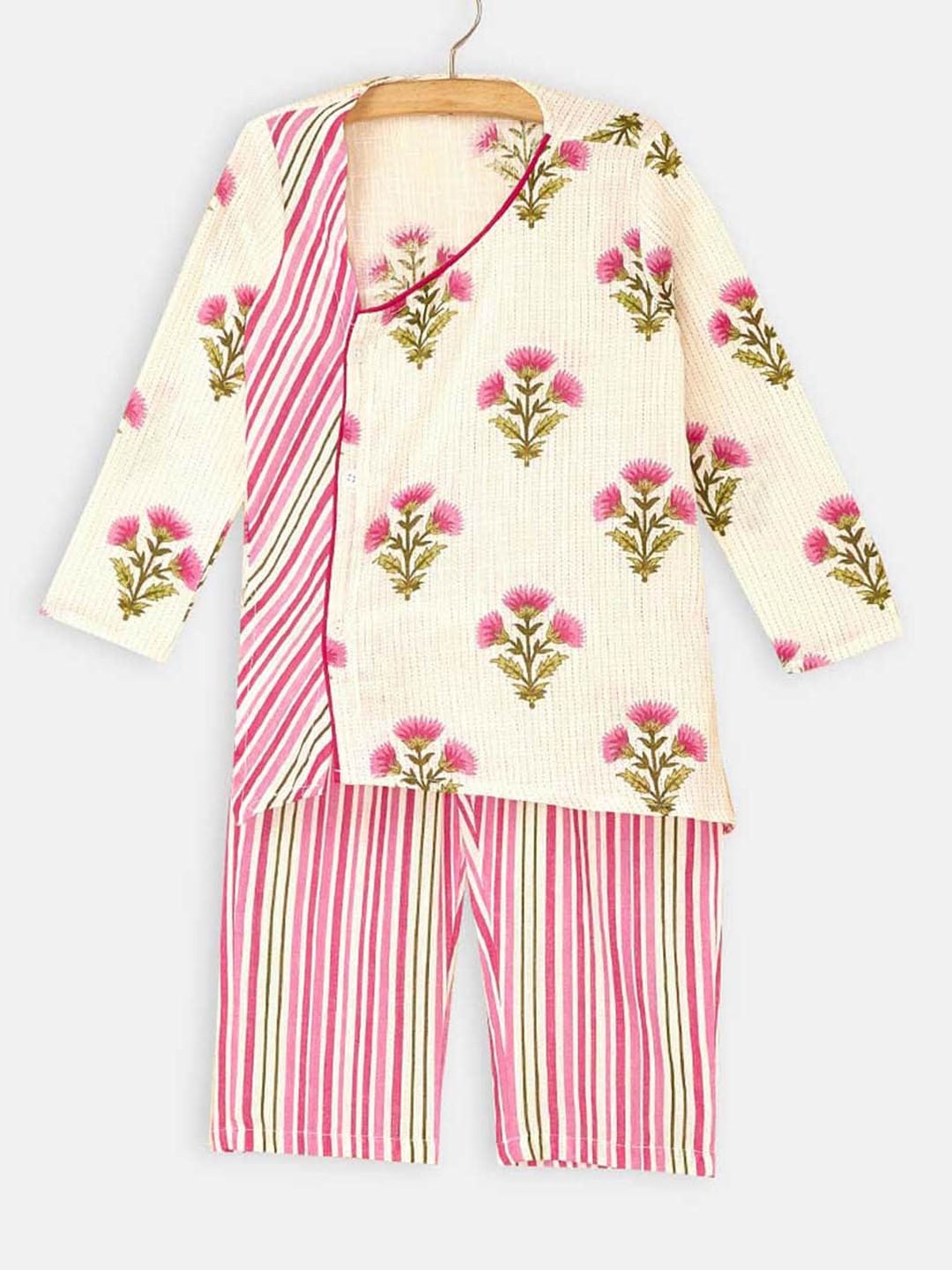 

Hopscotch Floral Printed Pure Cotton Kurta with Pyjamas, Cream
