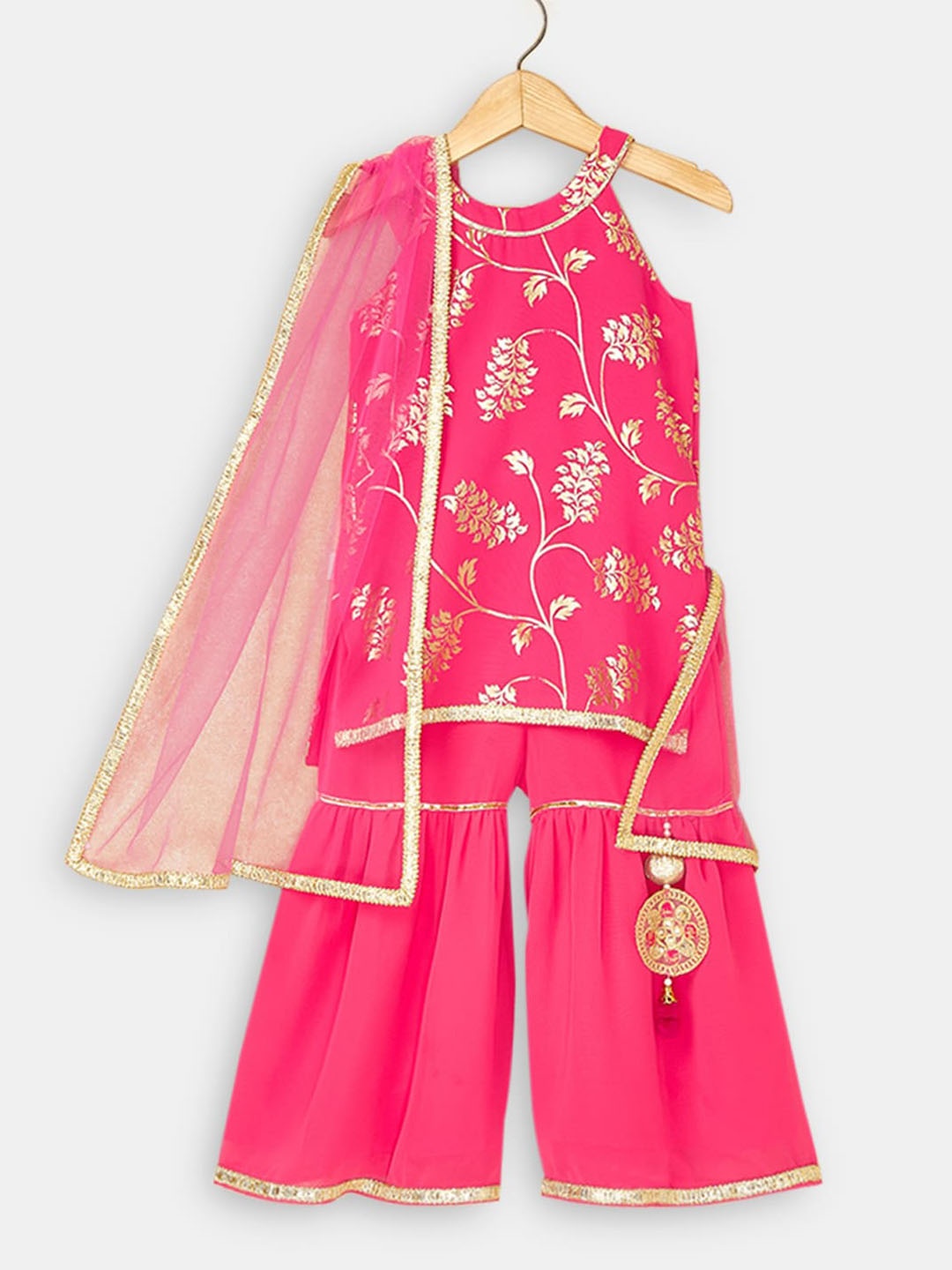 

Hopscotch Floral Printed Pure Cotton Top with Sharara, Pink