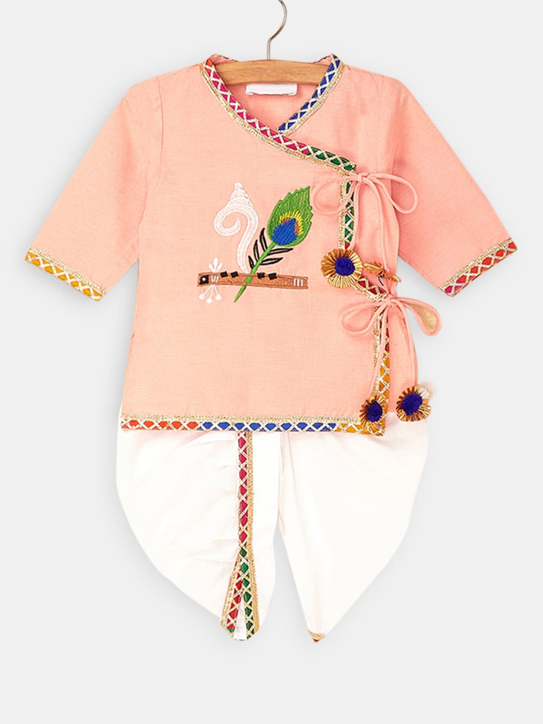 

Hopscotch Embroidered Angrakha Kurta with Dhoti Pants, Peach