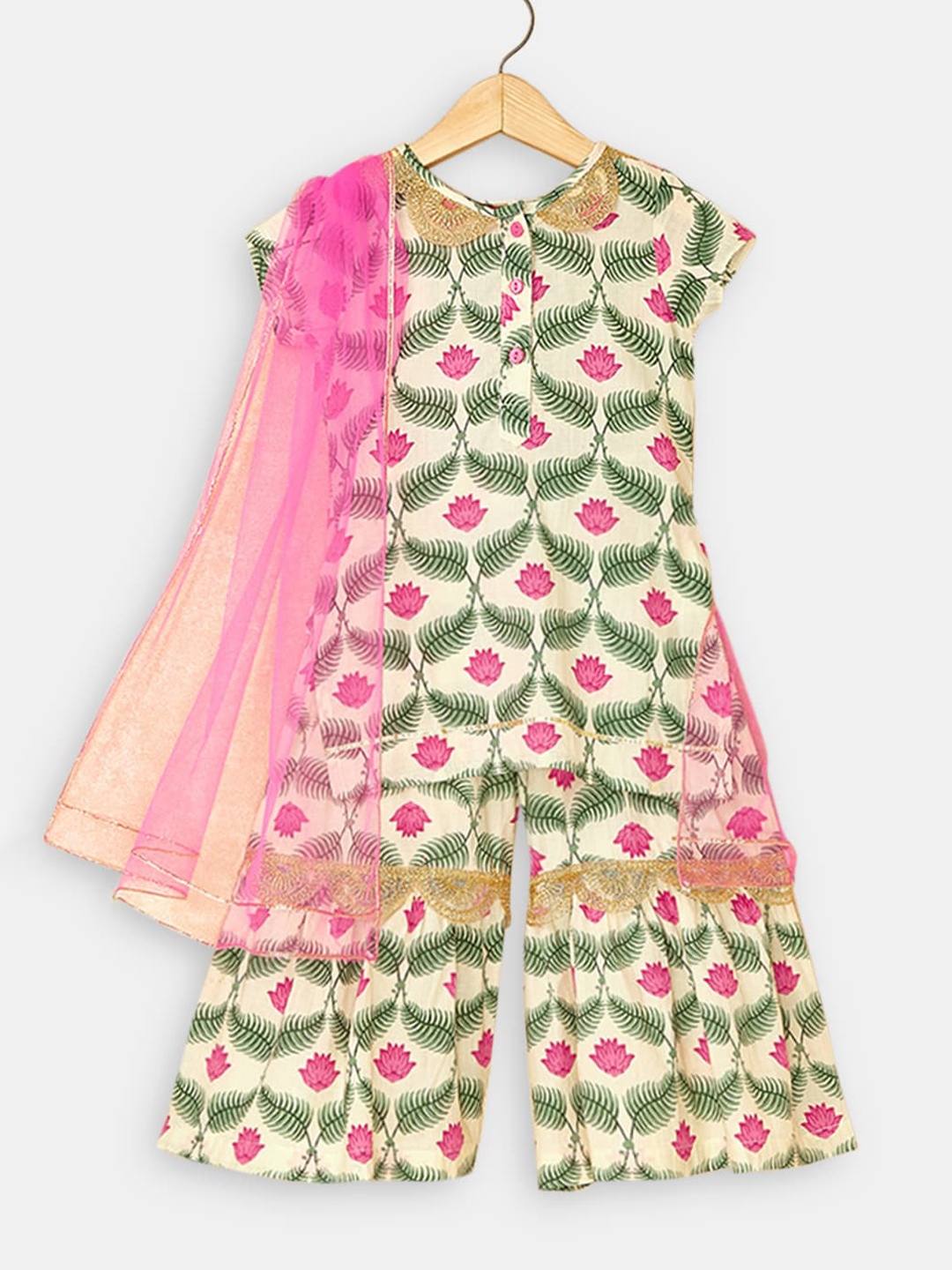 

Hopscotch Floral Printed Pure Cotton Kurta with Sharara & With Dupatta, Beige