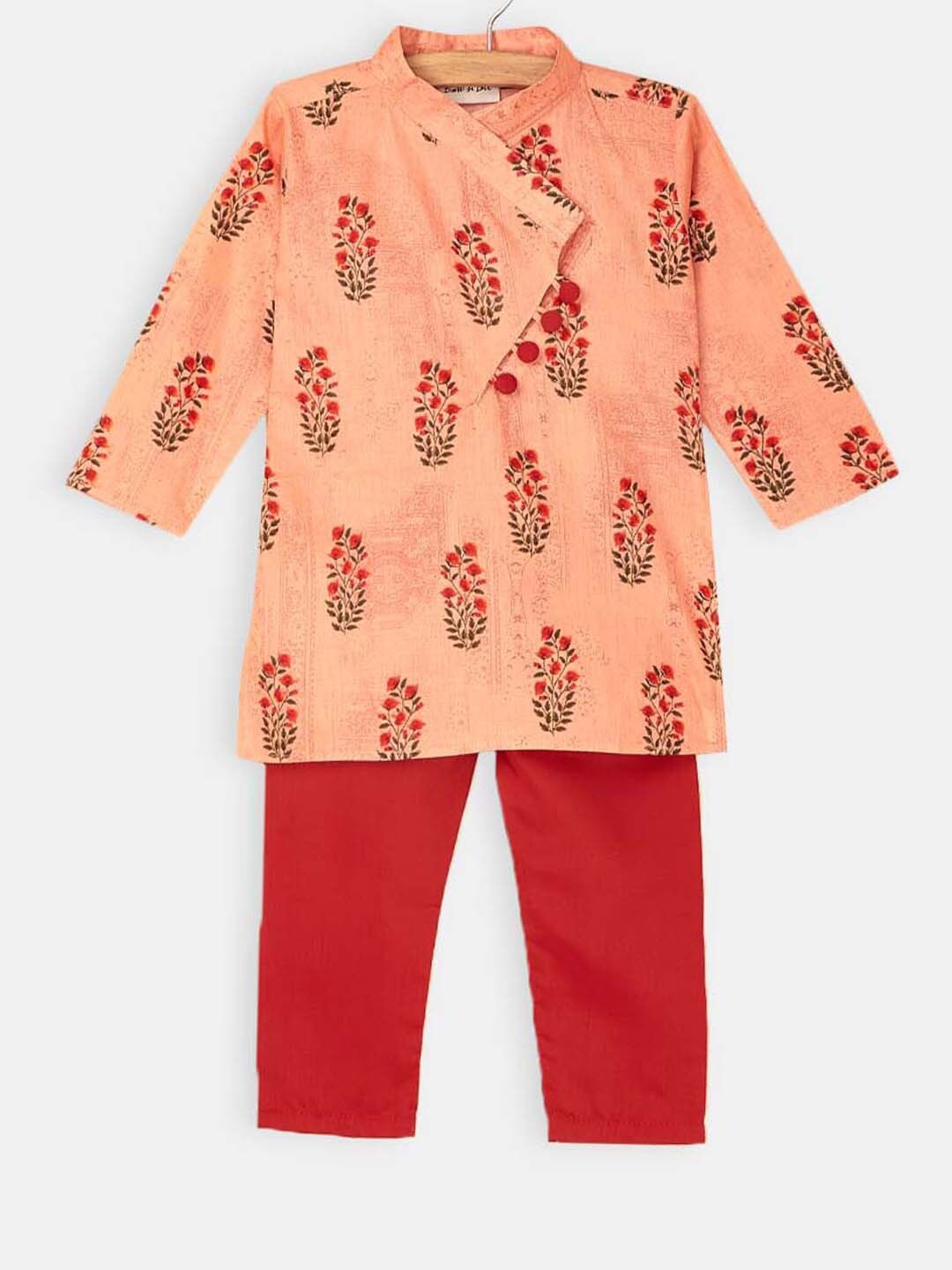 

Hopscotch Floral Printed Pure Cotton Kurta with Pyjamas, Peach