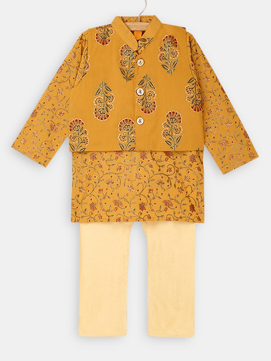 

Hopscotch Floral Printed Pure Cotton Kurta with Pyjamas, Mustard