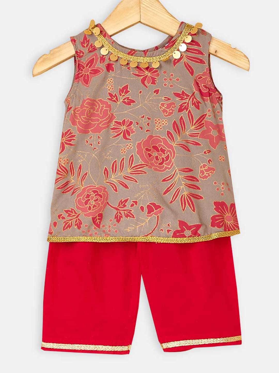 

Hopscotch Floral Printed Pure Cotton Kurta with Pyjamas, Grey
