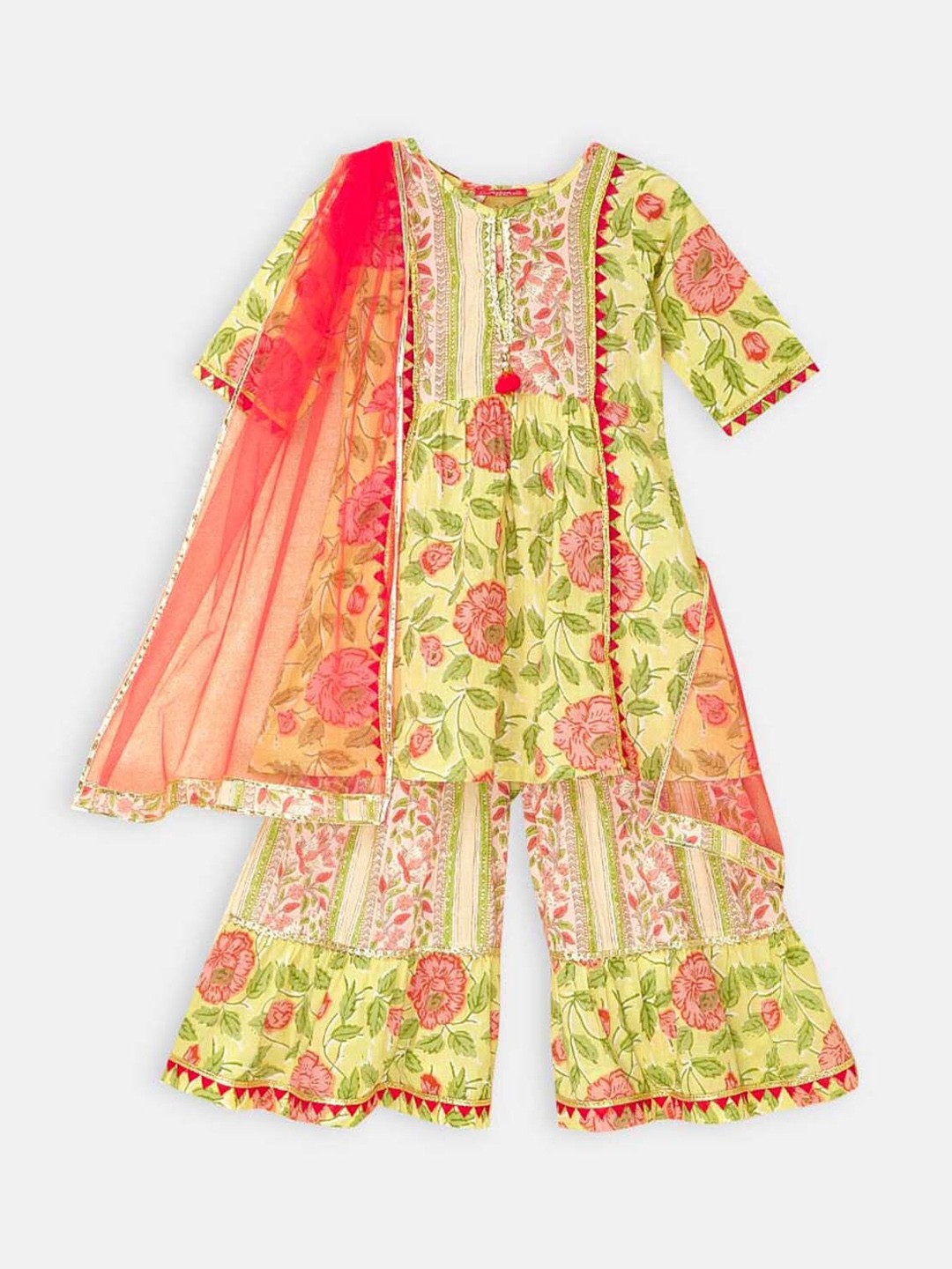 

Hopscotch Floral Printed Pure Cotton Kurta with Sharara, Yellow