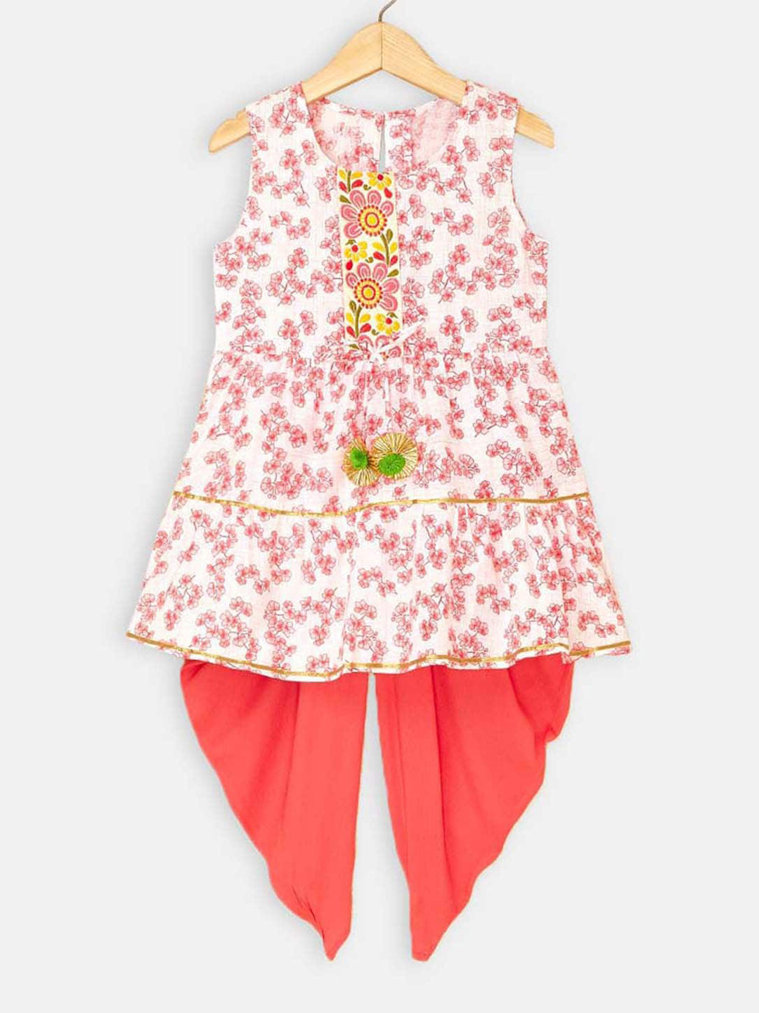 

Hopscotch Floral Printed Pure Cotton Kurta with Dhoti Pants, White