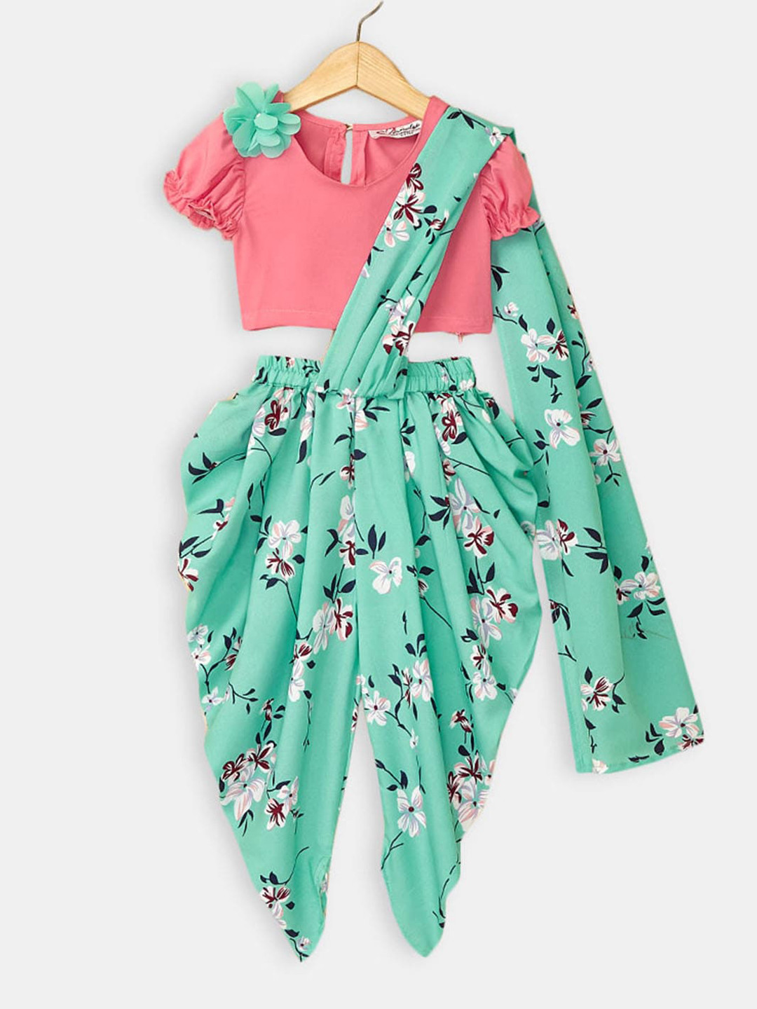 

Hopscotch Floral Printed Top with Dhoti Pants, Sea green