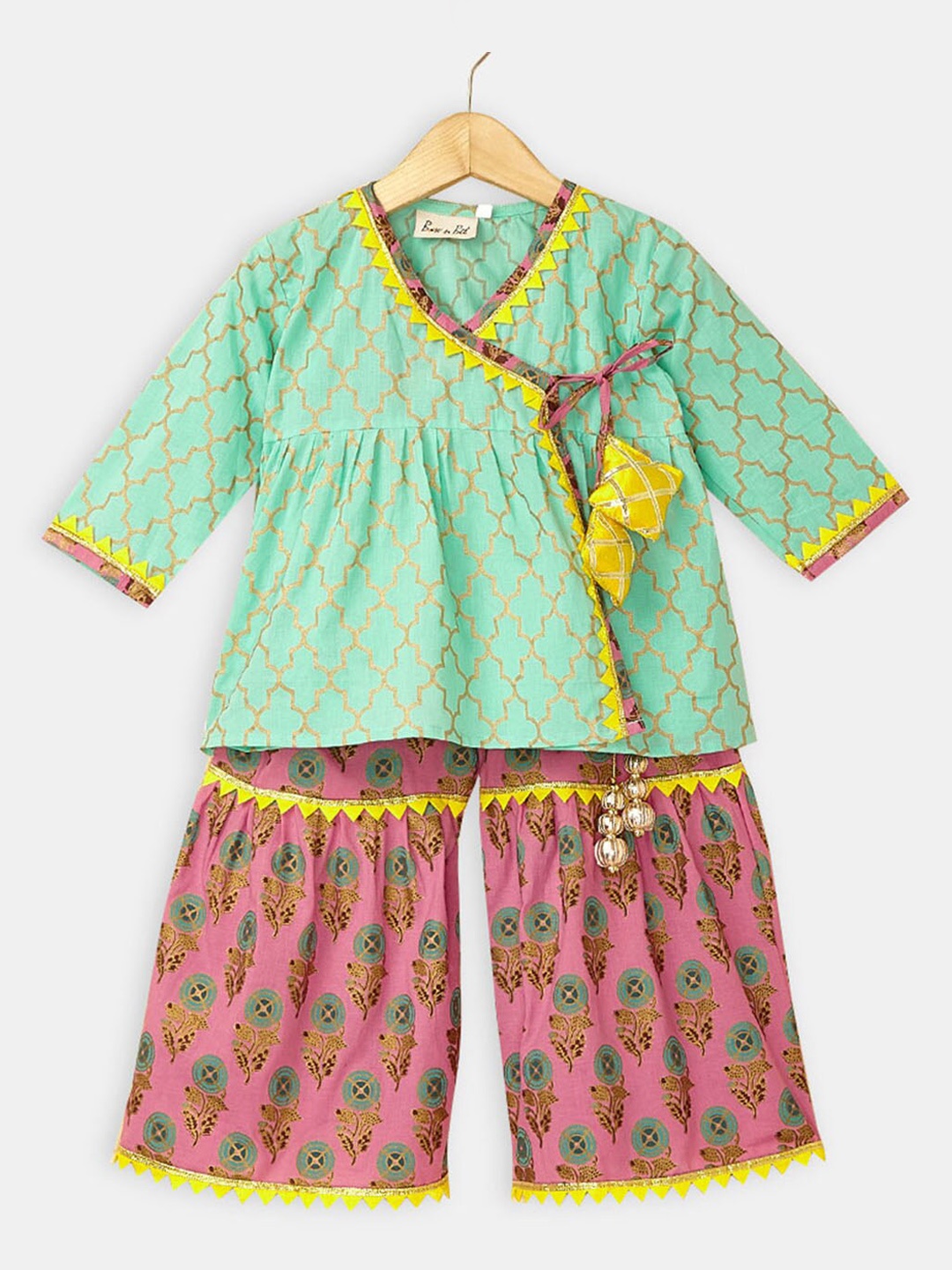 

Hopscotch Printed Angrakha Pure Cotton Kurta with Sharara, Sea green