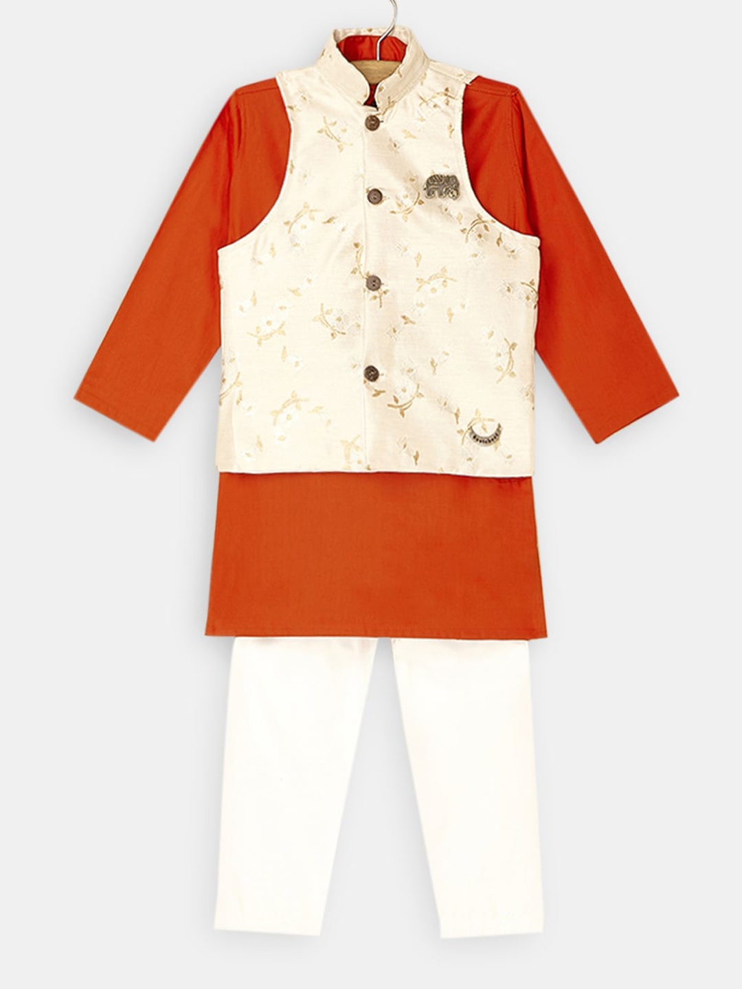 

Hopscotch Boys Floral Printed Pure Cotton Kurta with Pyjamas, Red