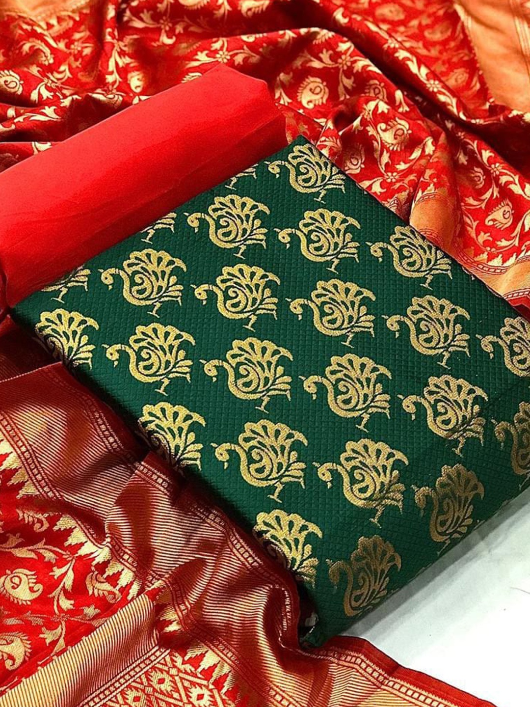 

MORLY Banarasi Jacquard Unstitched Dress Material, Green