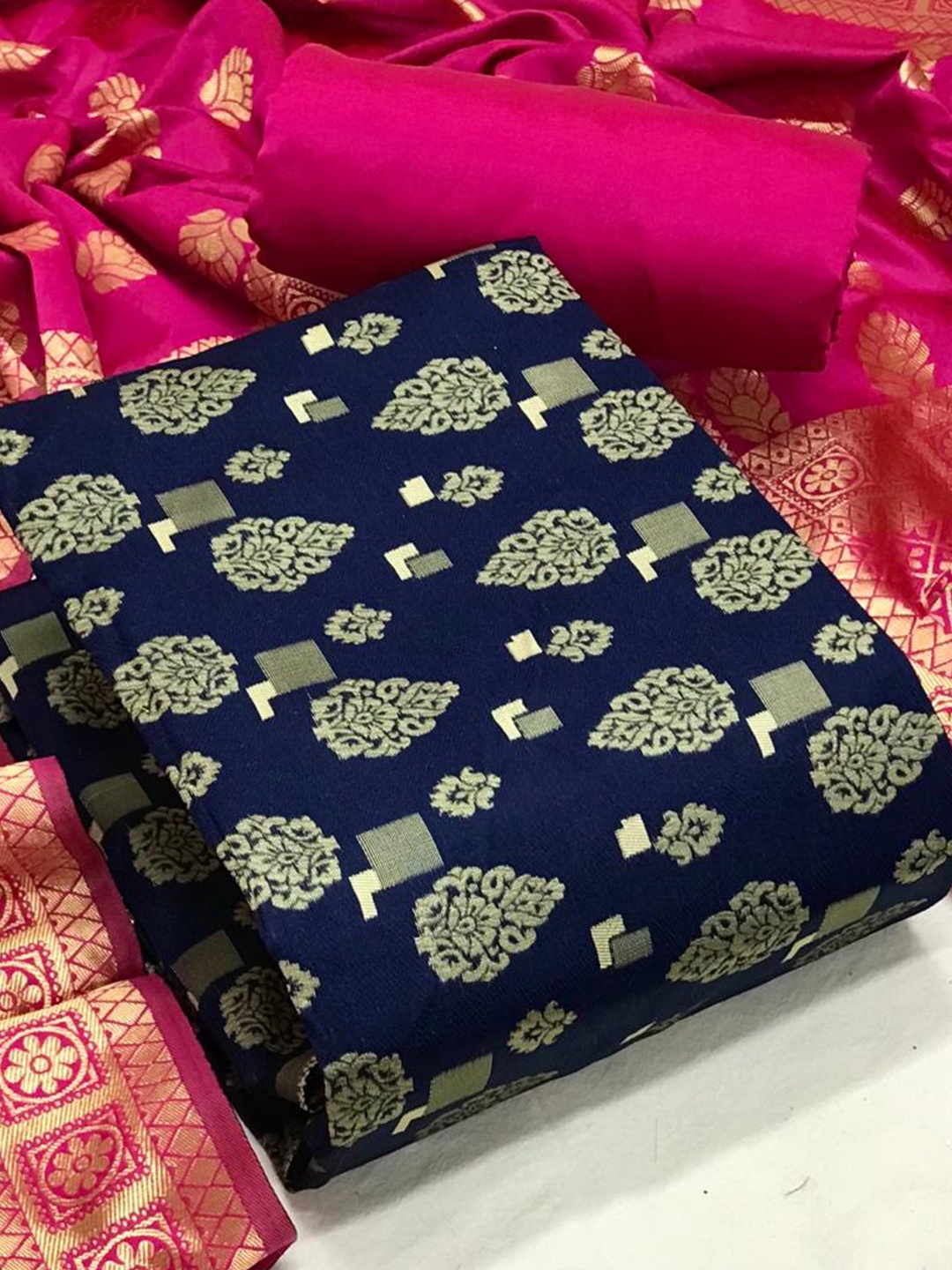 

MORLY Blue & Pink Dupion Silk Unstitched Dress Material