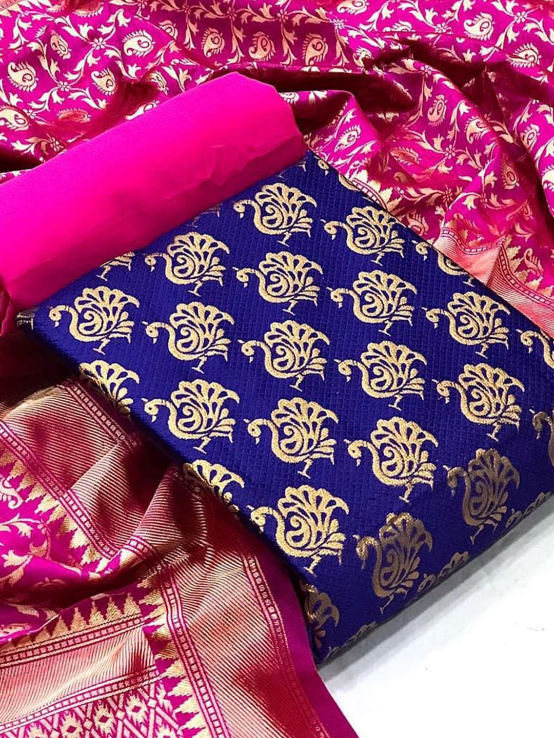

MORLY Banarasi Jacquard Unstitched Dress Material, Navy blue