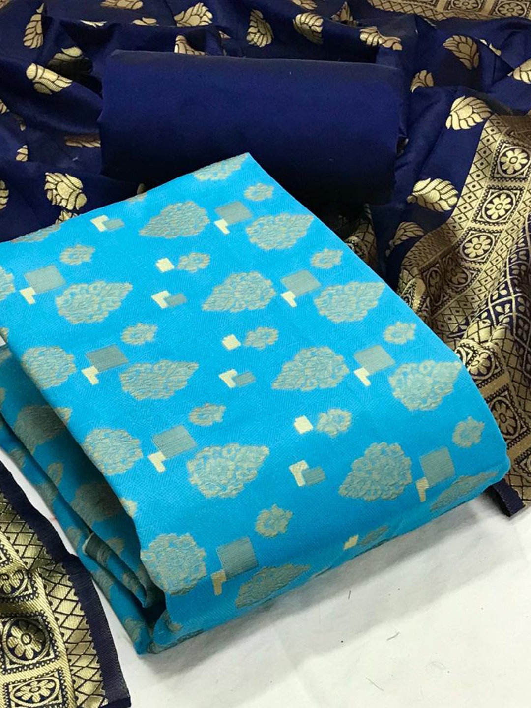 

MORLY Banarasi Jacquard Unstitched Dress Material, Turquoise blue