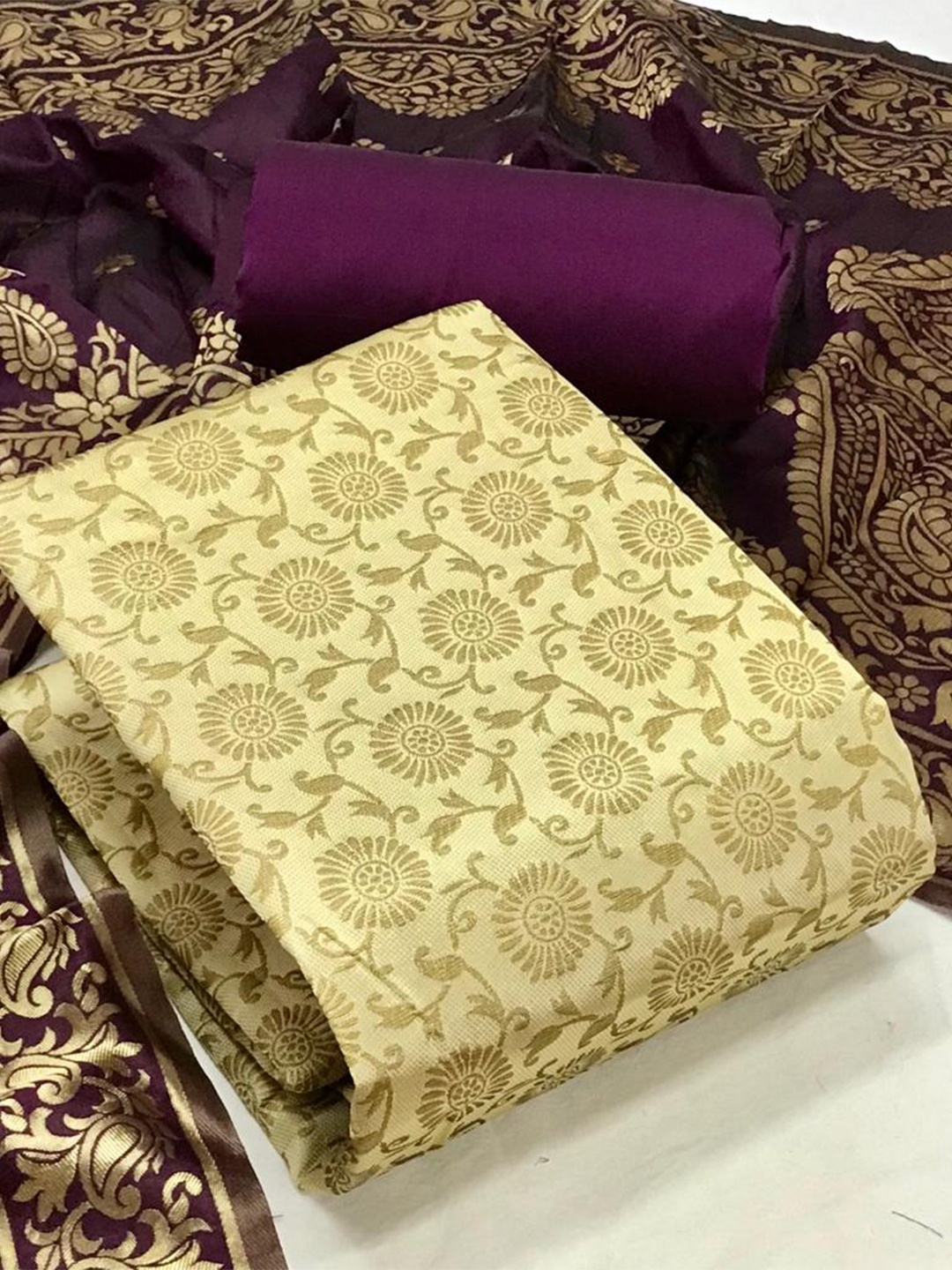 

MORLY Banarasi Jacquard Unstitched Dress Material, Beige