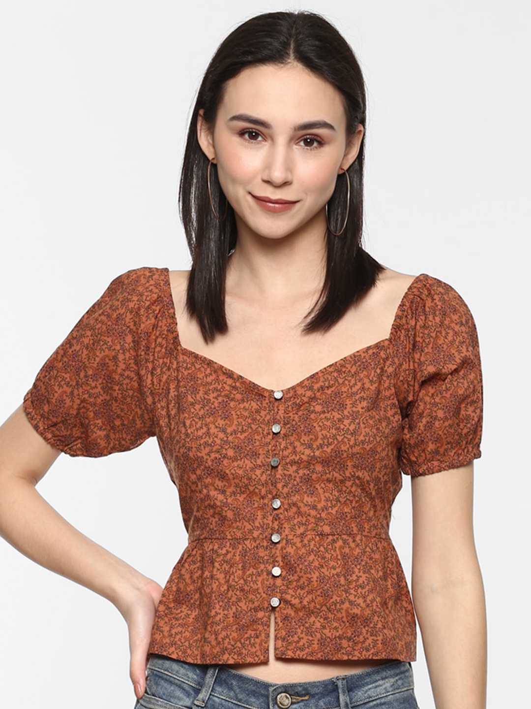 

Porsorte Floral Print Sweetheart Neck Pure Cotton Top, Rust