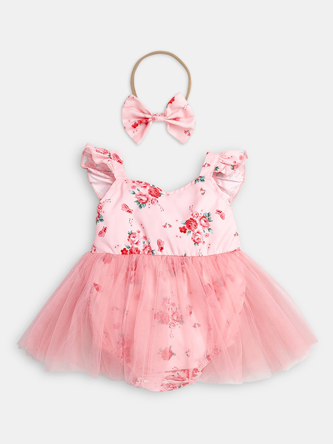 

Hopscotch Girls Printed Dress Style Onesie with Headband, Pink