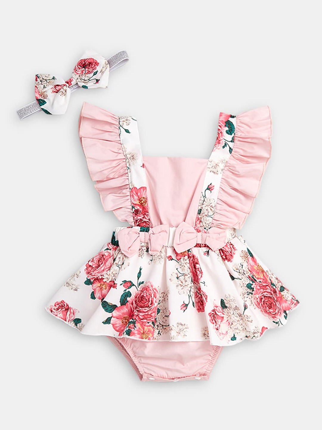 

Hopscotch Girls Floral Printed Ruffled Bodysuit With Hairband, Pink