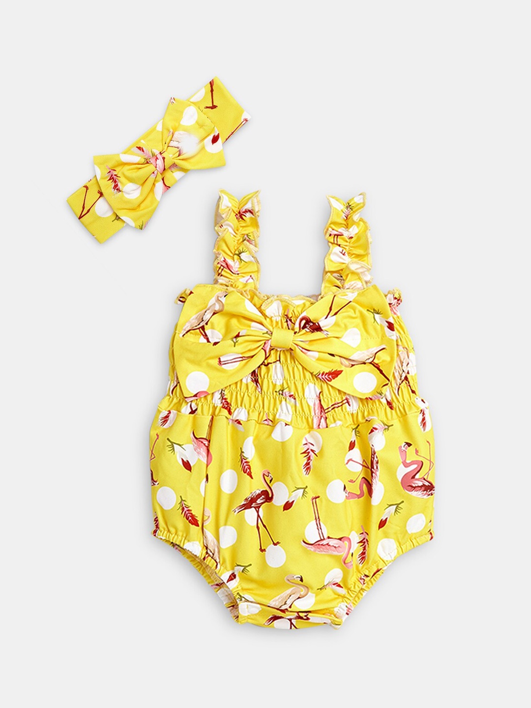 

Hopscotch Girls Printed Sleeveless Onesie With Headband, Yellow