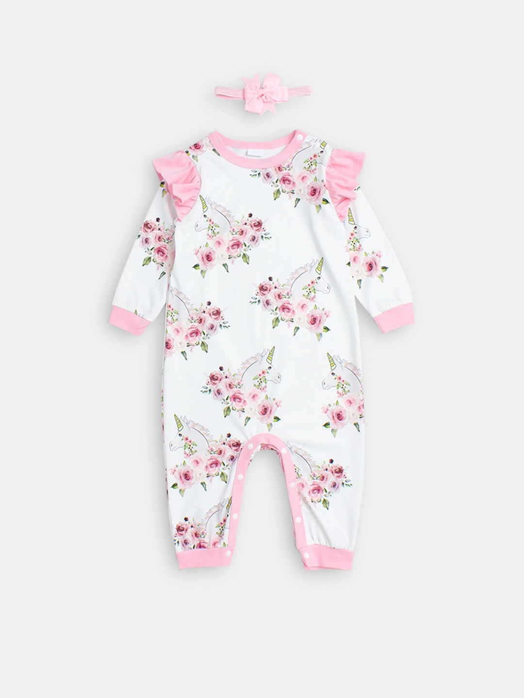 

Hopscotch Girls Full-Sleeve Floral Printed Bodysuit With Headband, White