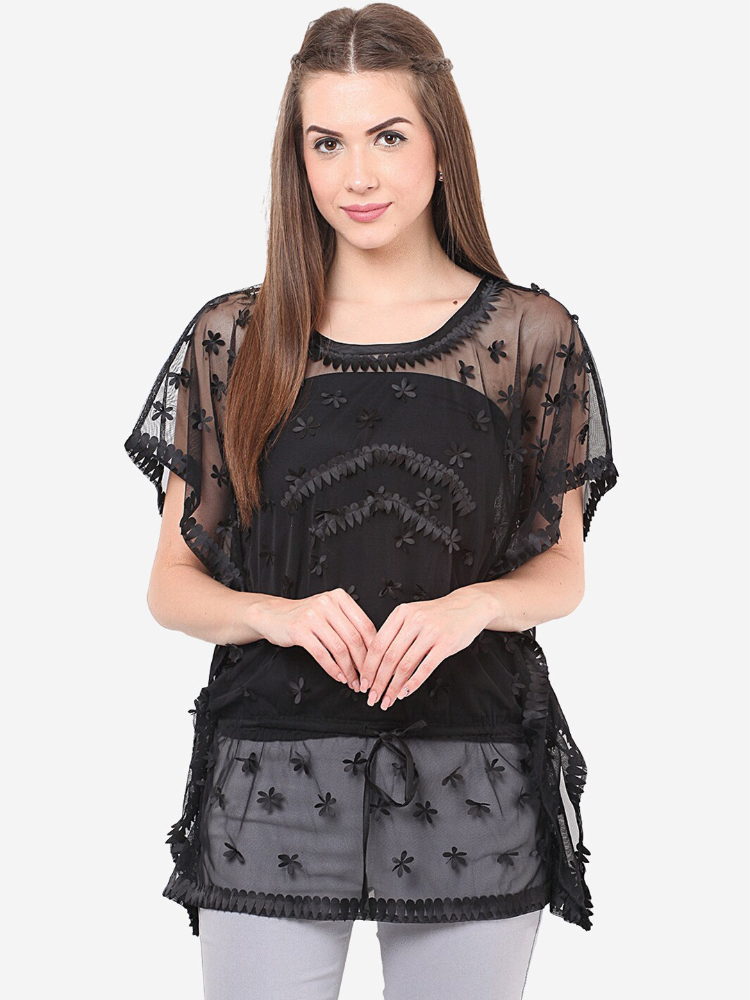 

Porsorte Embellished Round Neck Kaftan Top, Black