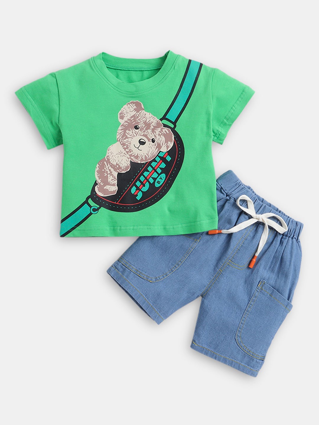 

Hopscotch Boys Printed Cotton T-shirt with Shorts, Green