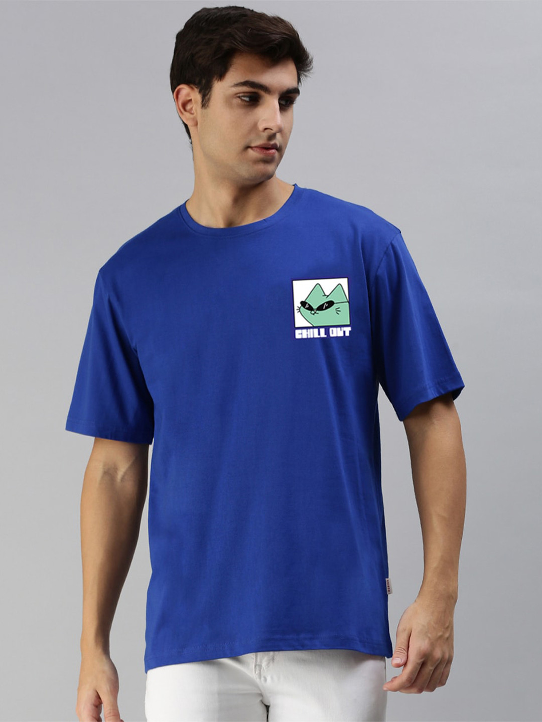 

VEIRDO Men Blue Pocket Print Oversize T-shirt
