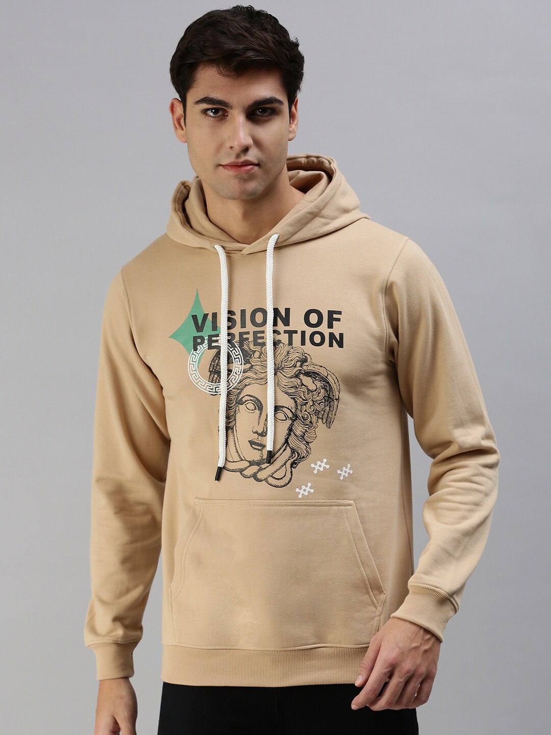 

VEIRDO Men Fleece Printed Hooded Sweatshirt, Cream