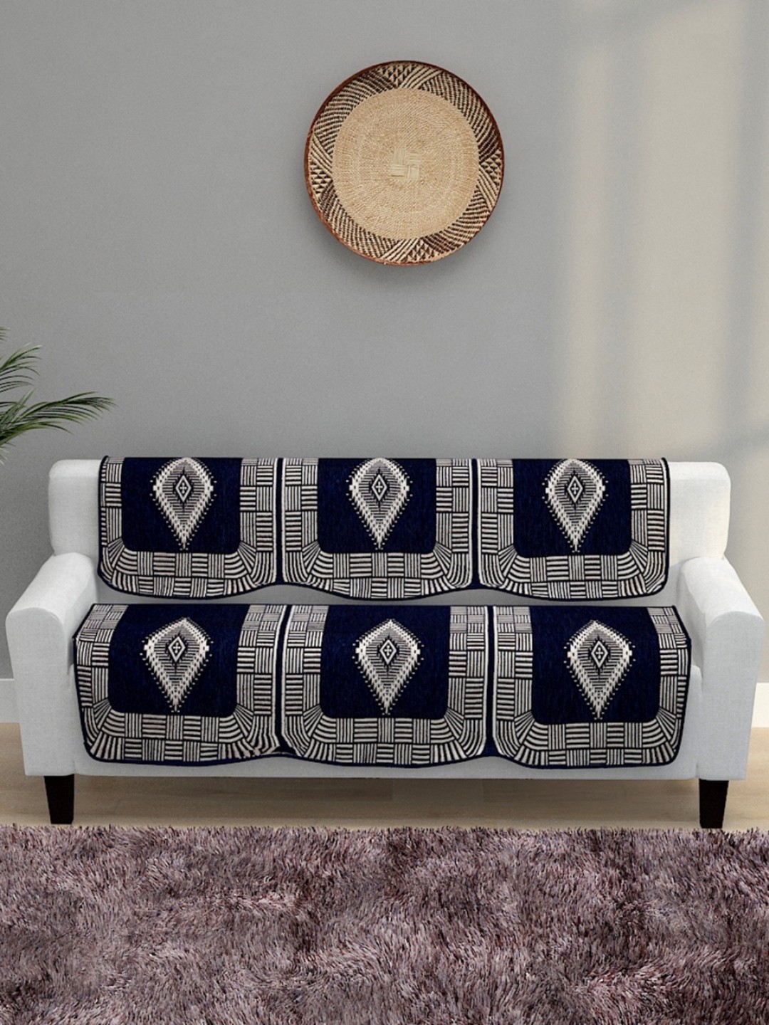 

ROMEE 6-Pieces Dark Navy Blue Woven Design 5-Seater Sofa Covers