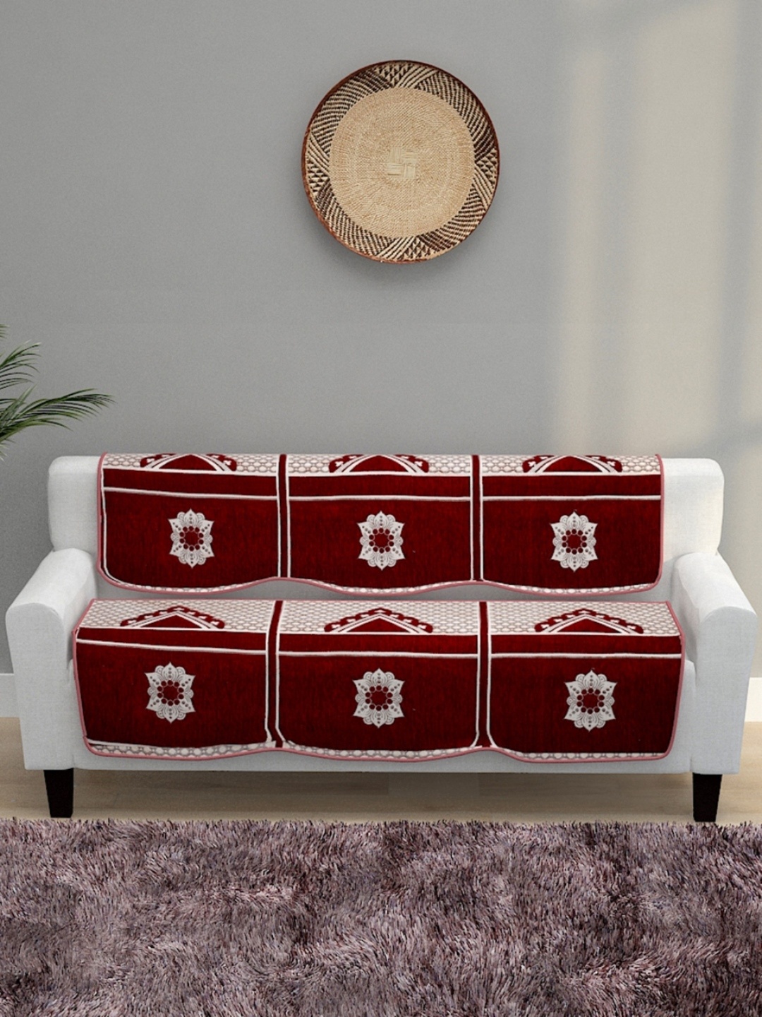 

ROMEE 6-Pieces Maroon Woven Design 5-Seater Sofa Covers