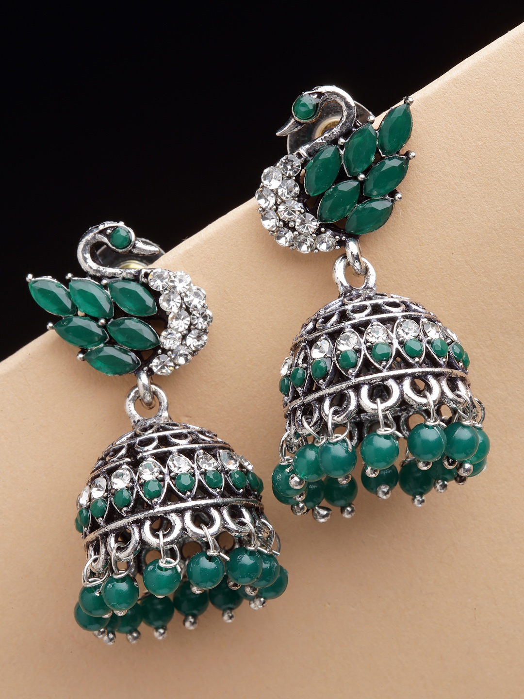 

PANASH Women Oxidised Silver-Plated Peacock Shaped Jhumkas Earrings