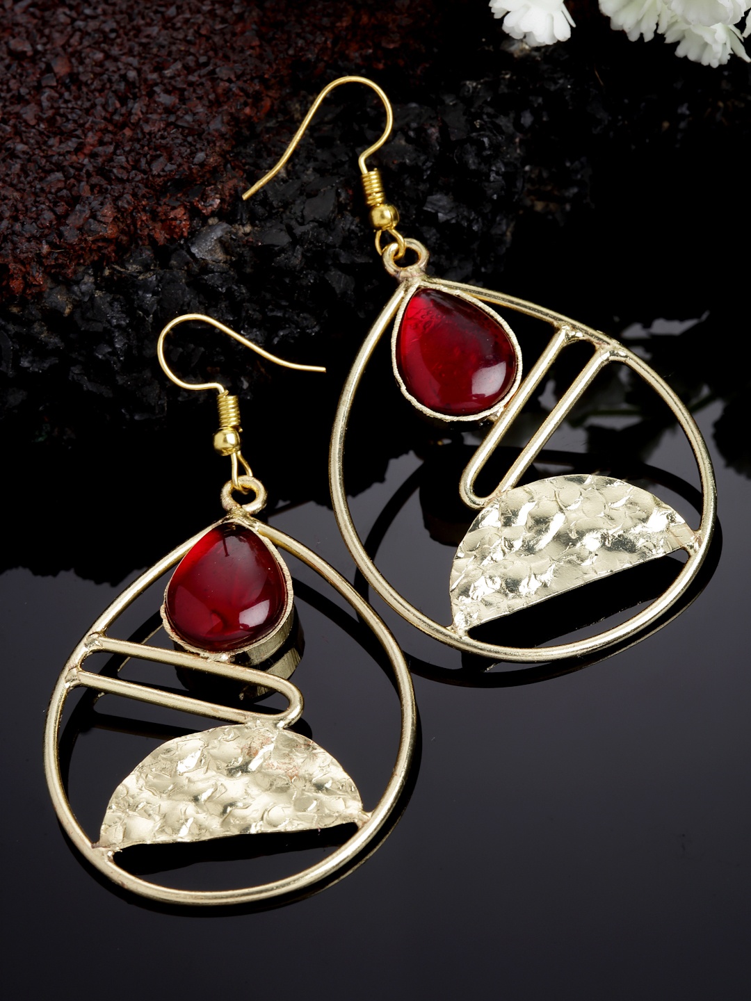 

PANASH Gold-Plated Stone-Studded Teardrop Shaped Drop Earrings, Red