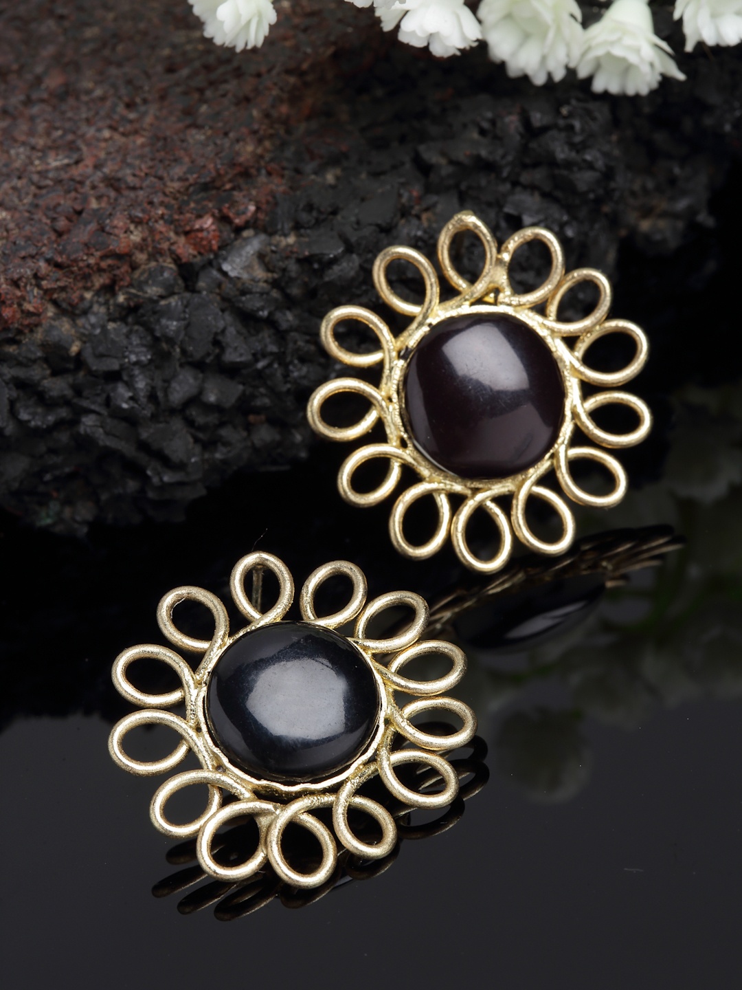 

PANASH Gold-Plated Stone-Studded Floral Shaped Handcrafted Stud Earrings, Black