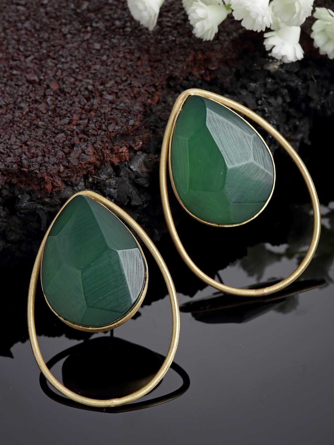 

PANASH Gold-Plated Stone-Studded Teardrop Shaped Drop Earrings, Green