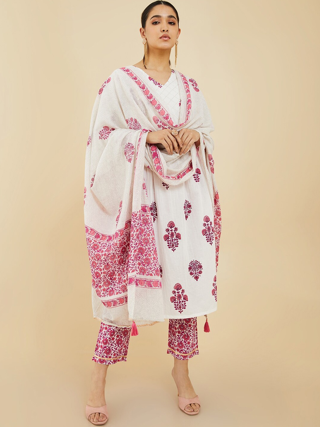 

Soch Floral Printed Pure Cotton Kurta with Trousers & Dupatta, White