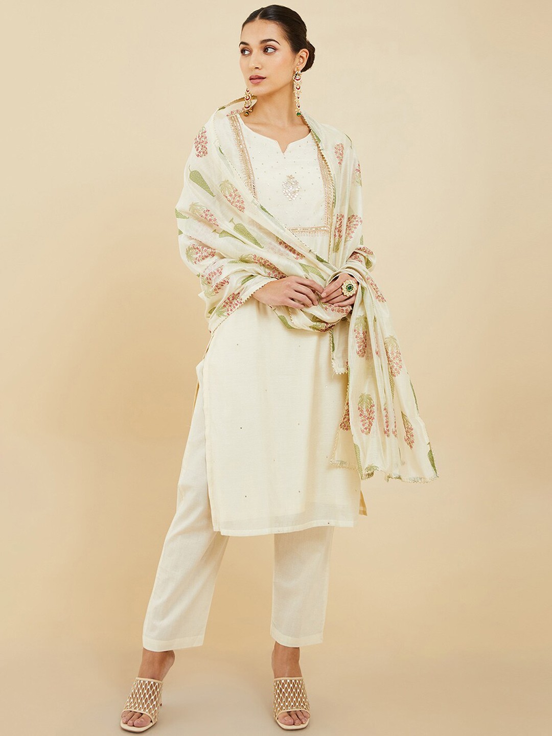 

Soch Floral Embroidered & Mirror Work Kurta with Trousers & Dupatta, Cream