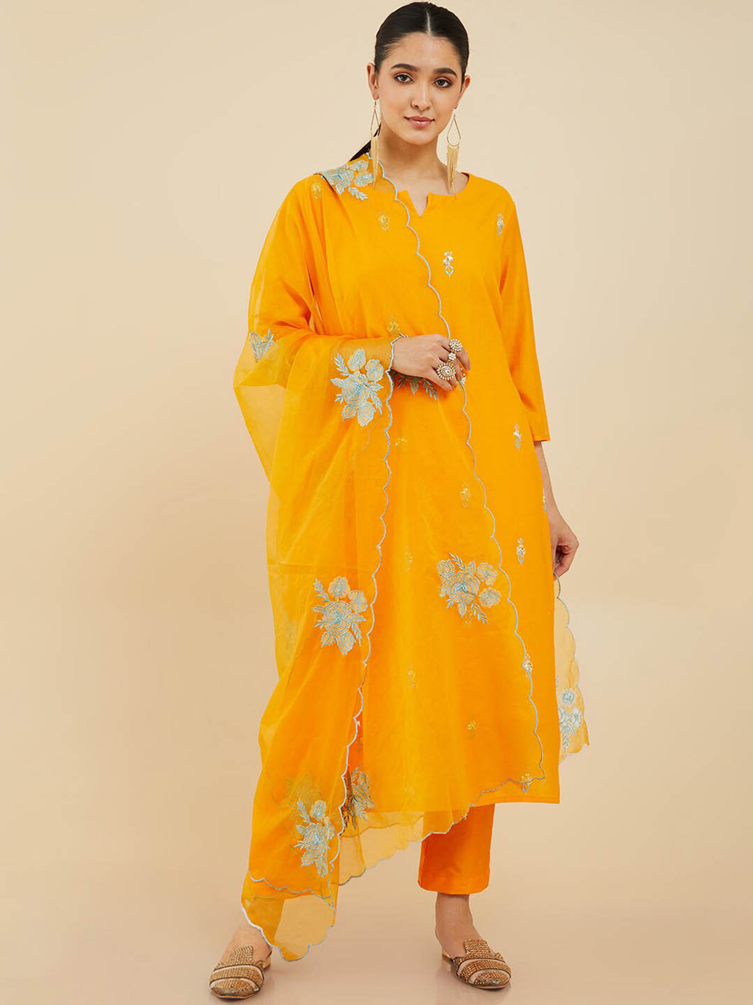 

Soch Floral Sequinned Round Neck Kurta with Trousers & Dupatta, Orange