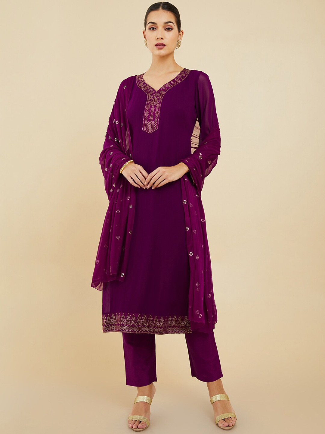 

Soch Ethnic Motifs Printed V-Neck Kurta with Trousers & Dupatta, Magenta