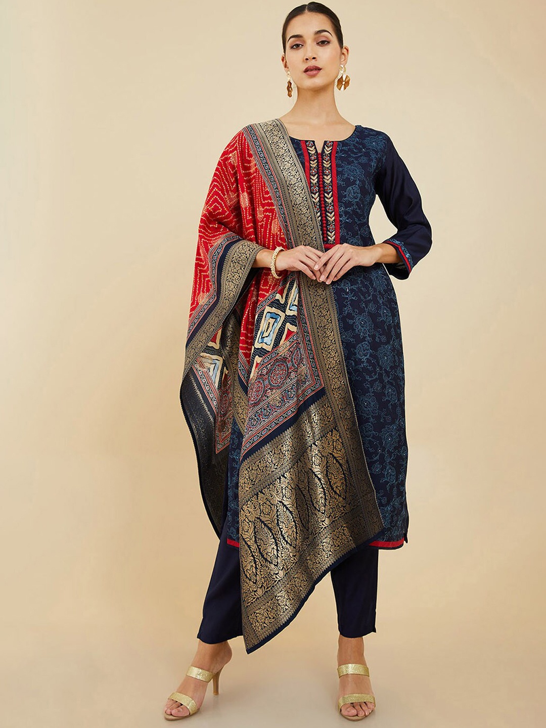 

Soch Floral Printed Pure Silk Kurta with Trousers & Dupatta, Blue