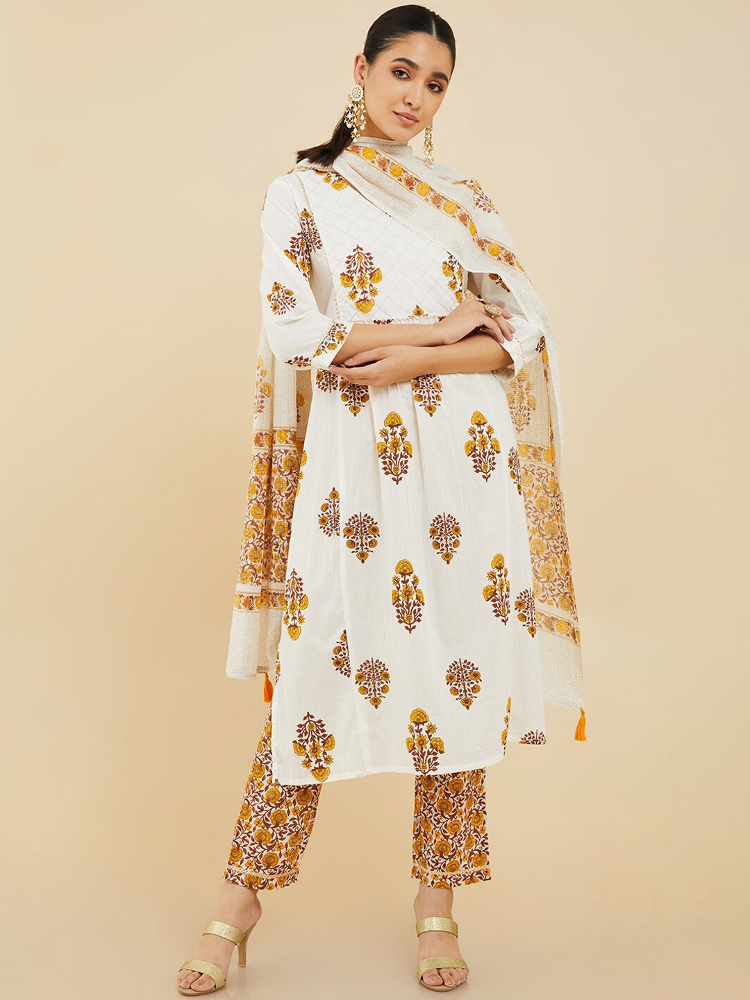 

Soch Floral Printed V-Neck Pure Cotton Kurta with Trousers & Dupatta, White
